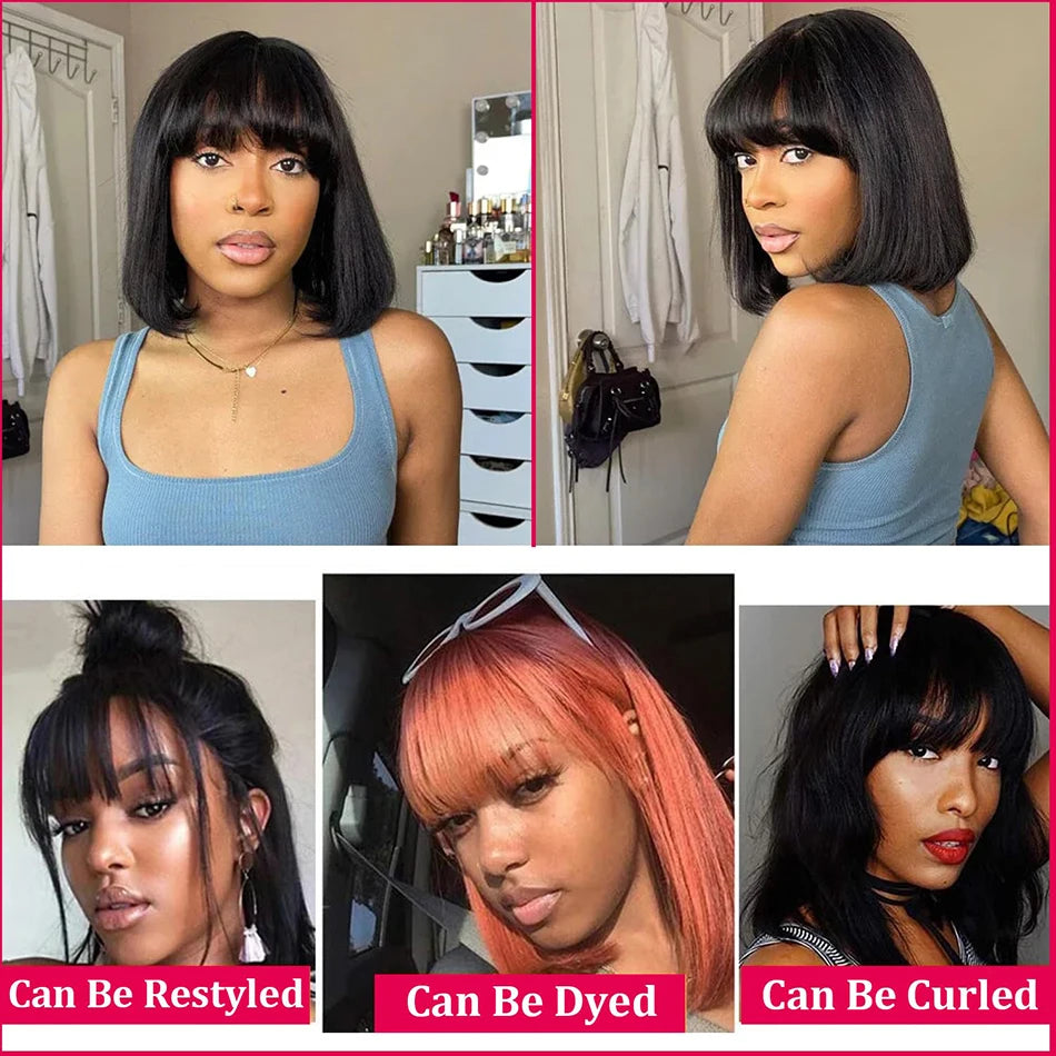 Wiggogo Bone Straight Bob With Bangs - Middle Part Lace Human Hair Wig
