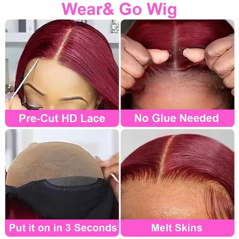 99J Burgundy 13x4 Straight Bob Pre Plucked Pre Cut Transparent Lace Human Hair Glueless Wig