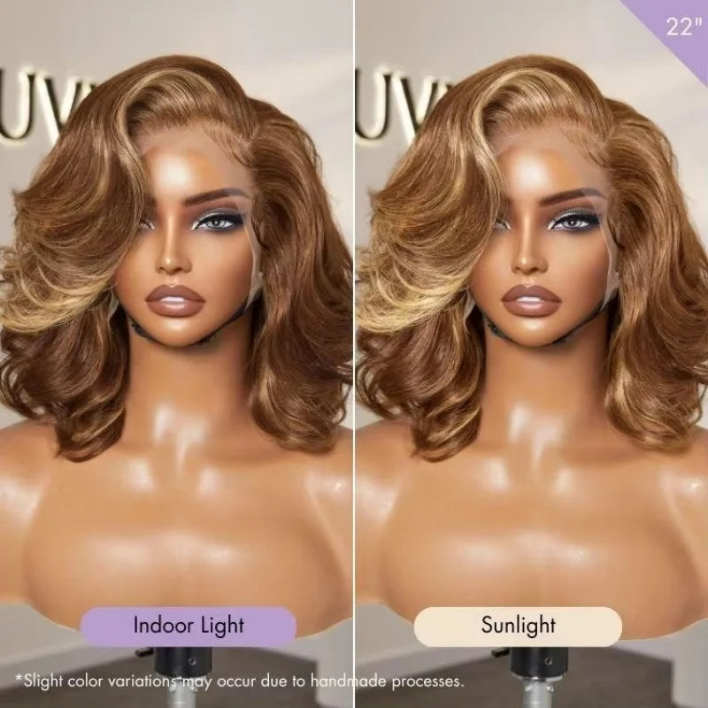 Short Body Wave Honey Blonde Highlight Lace Front Bob Glueless Human Hair Wig
