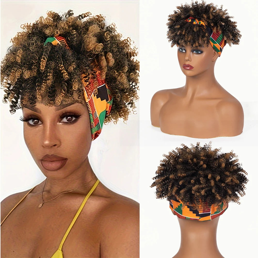 Short Kinky Curly Headband Synthetic Wigs With Bangs - Various Headband and Hair Colors Available