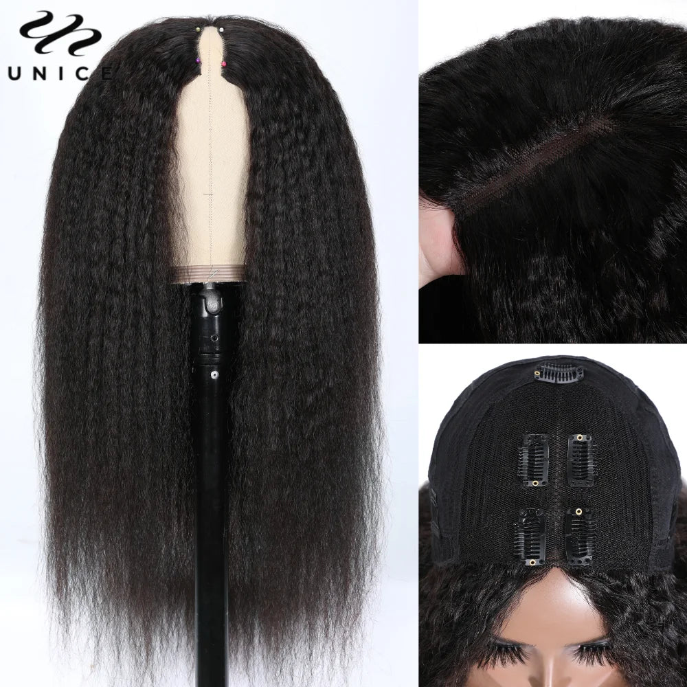 Kinky Straight V & U Part Human Hair Wigs With Drawstring and Minimal Leave Out