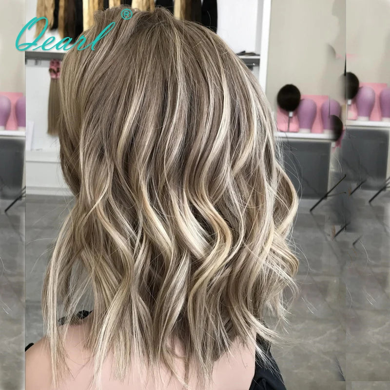 Wavy Bob Ash Brown/Honey Blonde Highlights Lace Frontal Human Hair Wig