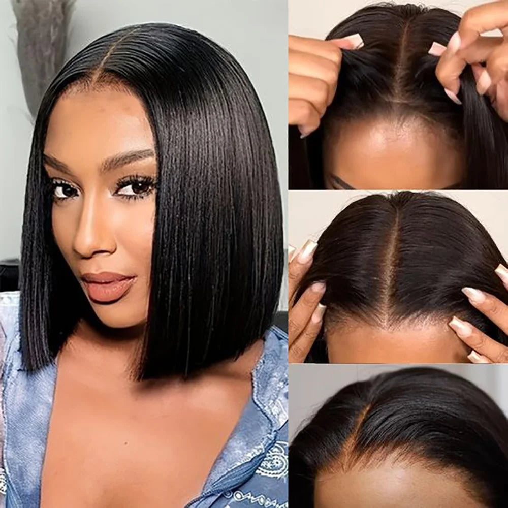 Straight Bob Human Hair Pre Plucked Frontal Lace Glueless Wigs