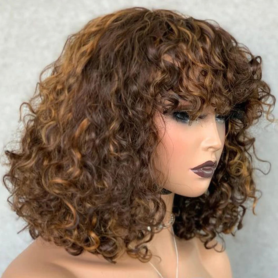 Curly Wave Short Pixie Bob Cut With Bangs Human Hair Glueless Wigs -Various Colors Available