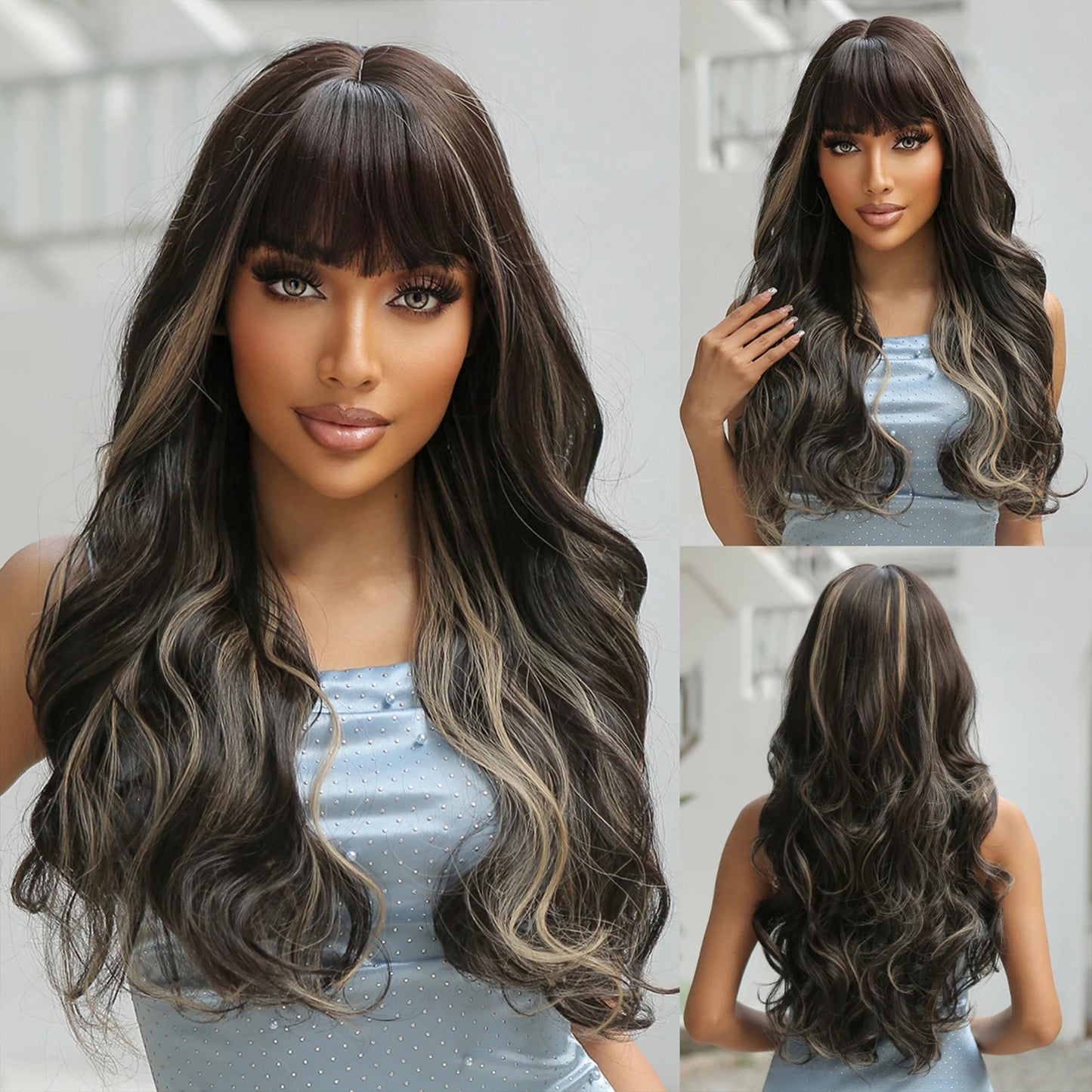 Long Curly Wavy Heat Resistant Synthetic Wigs With Bangs - Various Colors Available