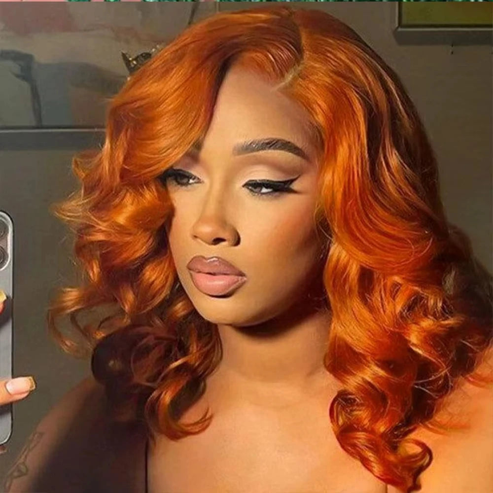 Short Bob Body Wave Ginger Orange - Human Hair, HDLace Glueless Wig