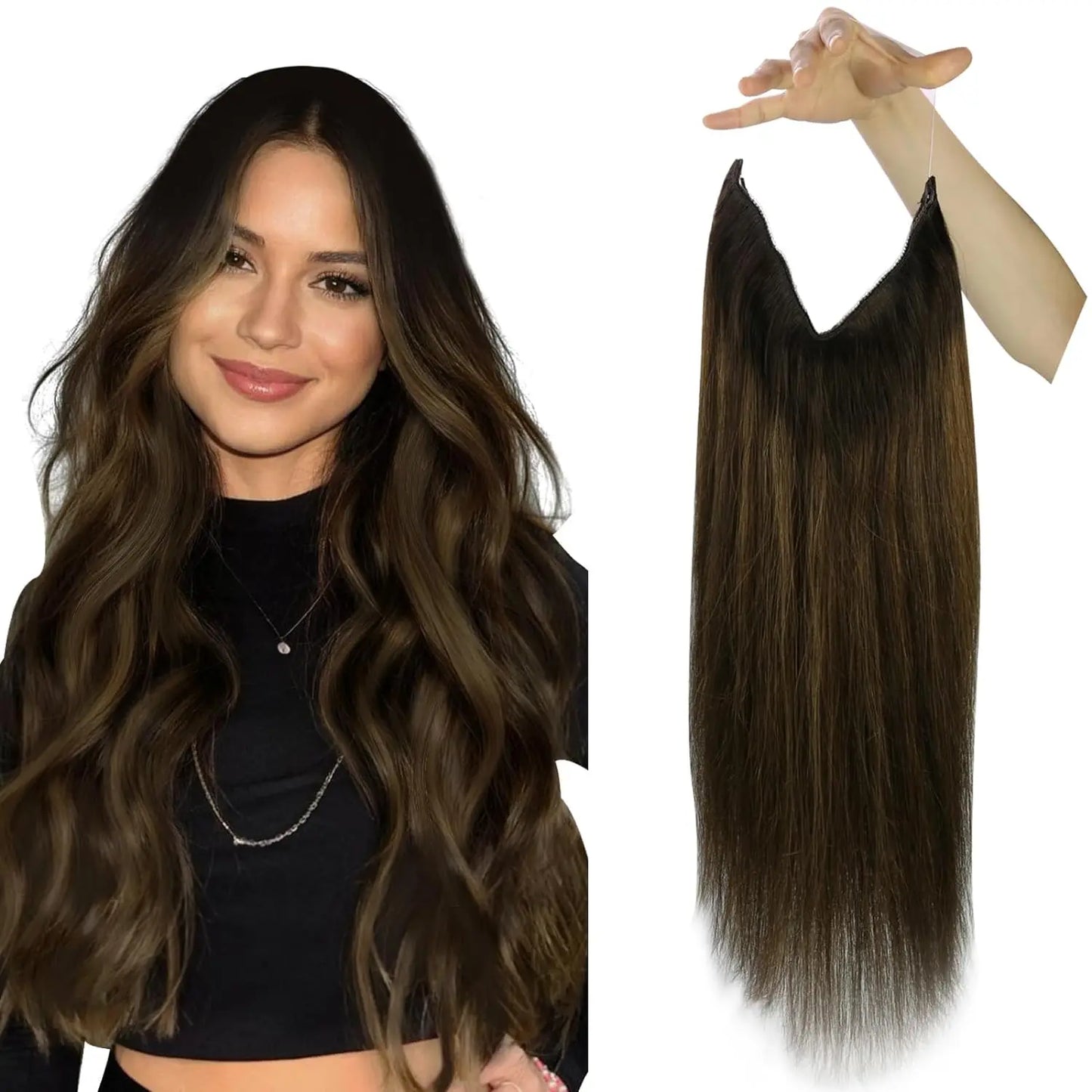 Fish Line Human Hair Extension - One Piece Invisible Wire Hair Weft with 2 Clips
