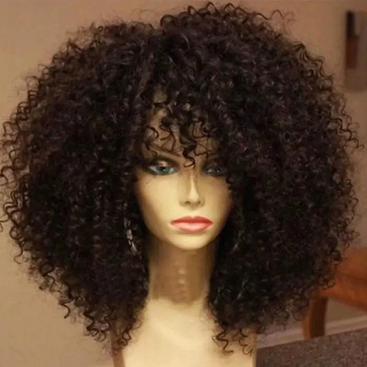 Synthetic 16 Inch Afro Kinky Curly Wigs With Bangs - Various Colors Available