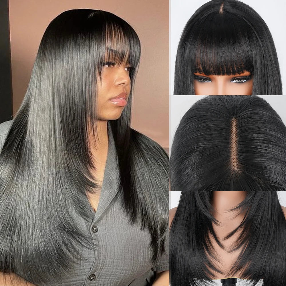 Synthetic Straight Layered Cut HD Lace Wigs With Bangs - Cinnamon and Black Colors Available