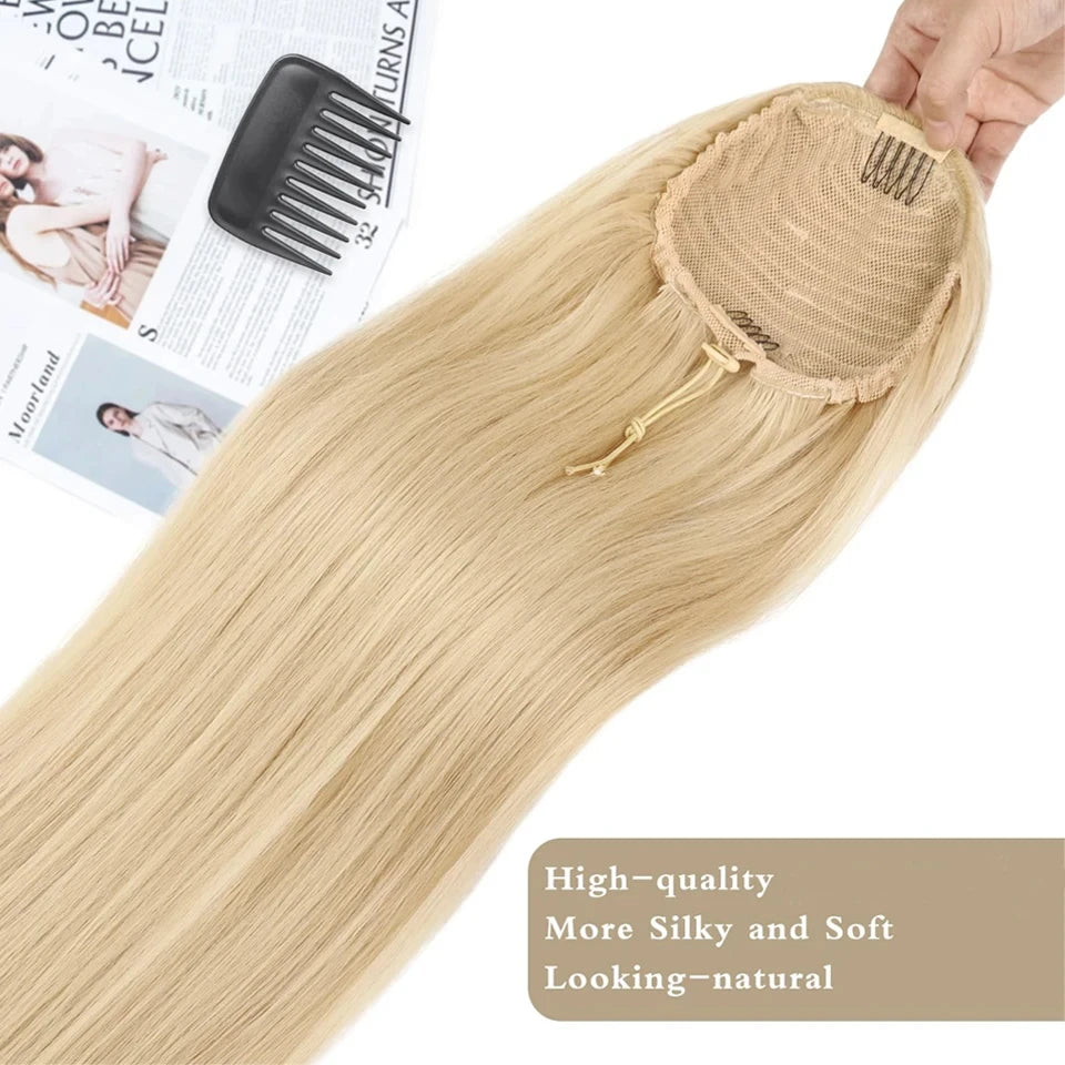 #613 Blonde Straight 100% Unprocessed Human Hair Drawstring Ponytail With Clip