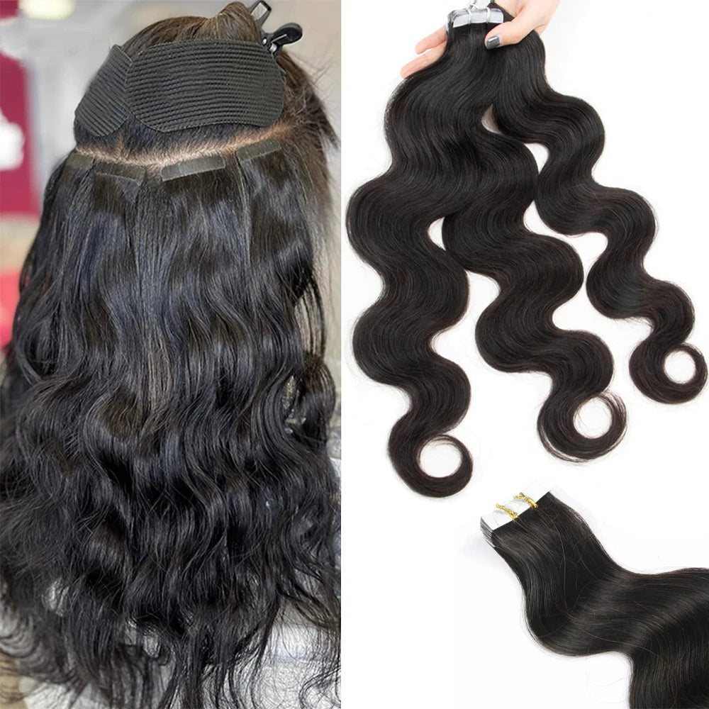 Body Wave Human Hair Tape - In Extensions, Natural Color (1B)