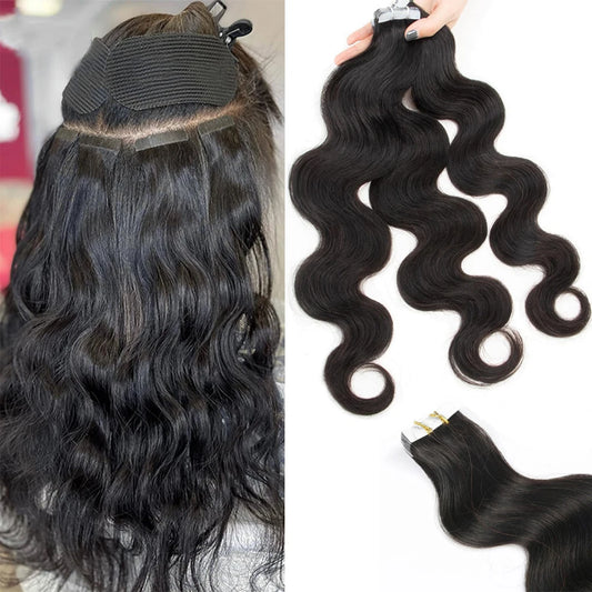 Body Wave Human Hair Tape - In Extensions, Natural Color (1B)