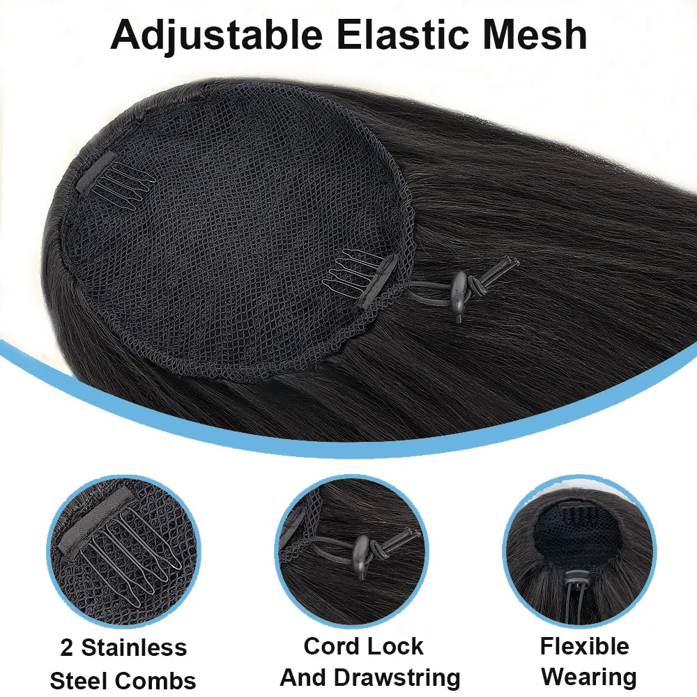 Yaki Straight 100% Human Hair Wrap Around Drawstring Ponytail Natural Black 1B