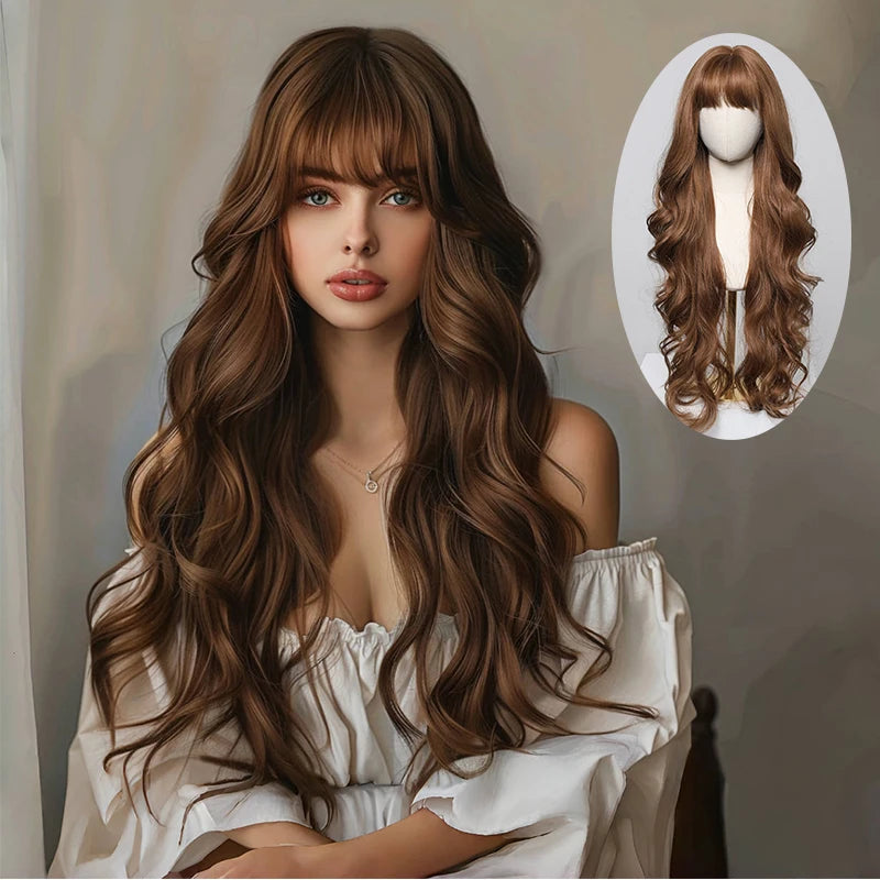 Long Wavy Synthetic Hair Wigs with Bangs - Various Colors Available