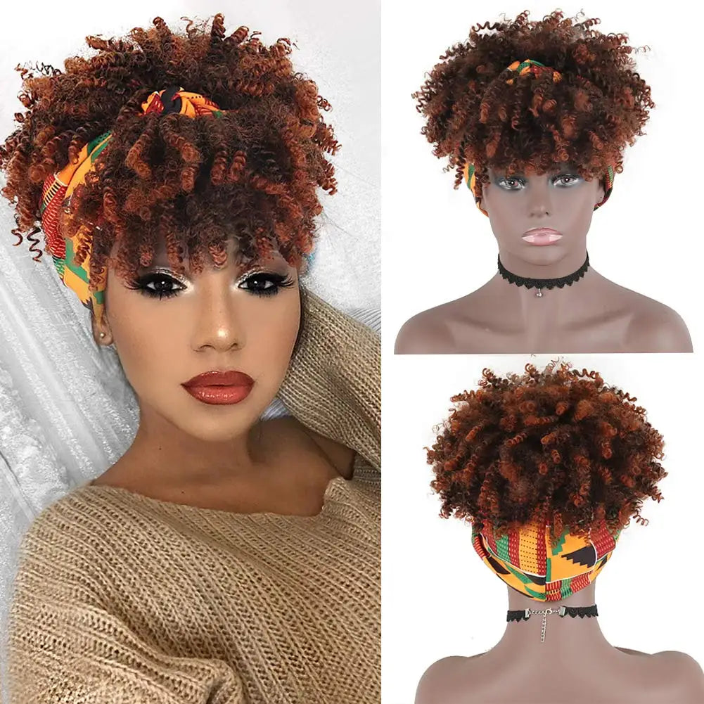 Short Afro Kinky Curly Headband Synthetic Wigs