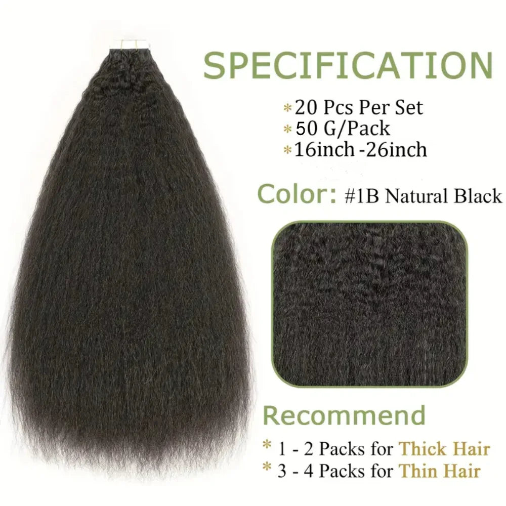 Yaki Straight Invisible Skin Weft 100% Remy Human Hair Natural Color Tape Ins