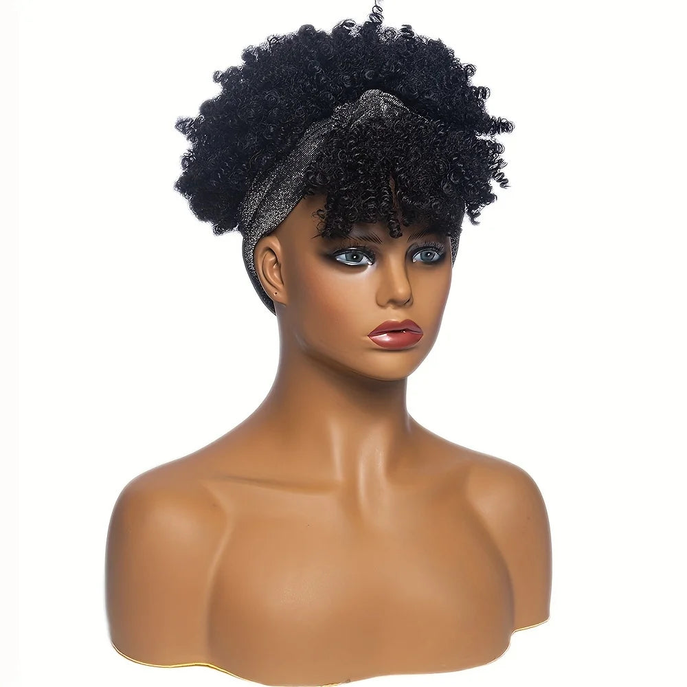 Short Kinky Curly Headband Synthetic Wigs With Bangs - Various Headband and Hair Colors Available