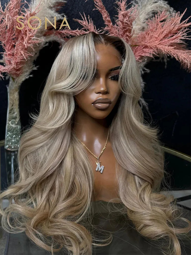 Ombre Ash Honey Blonde Body Wave HD Transparent Lace Frontal Human Hair Wig