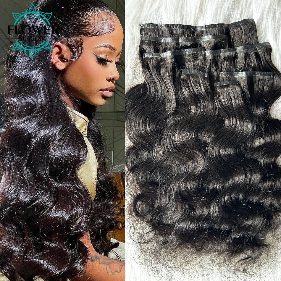 Body Wave Invisible Seamless PU Clip In Human Hair Skin Weft 100-120g/7pcs Full Head