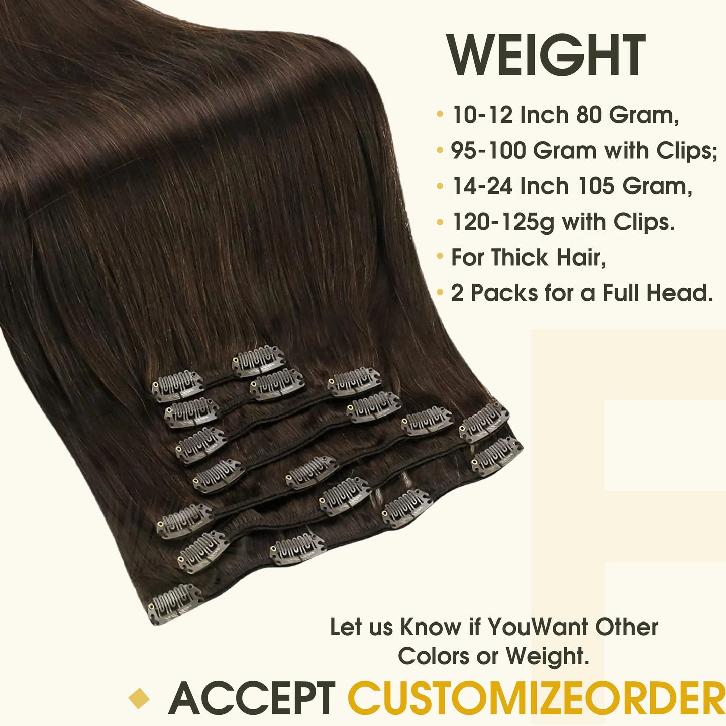Straight Human Hair Clip-in Extensions, 7Pcs 80 &105g  - Various Colors Available