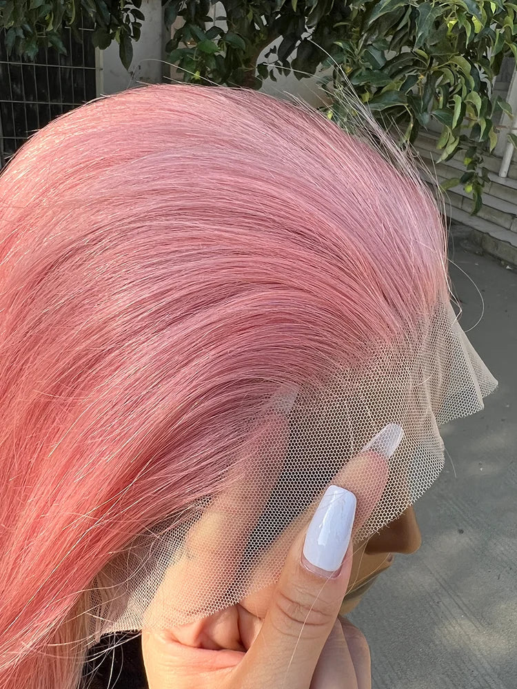 Rose Pink Short Straight Bob Pre Plucked HD Transparent Lace Front Human Hair Wig