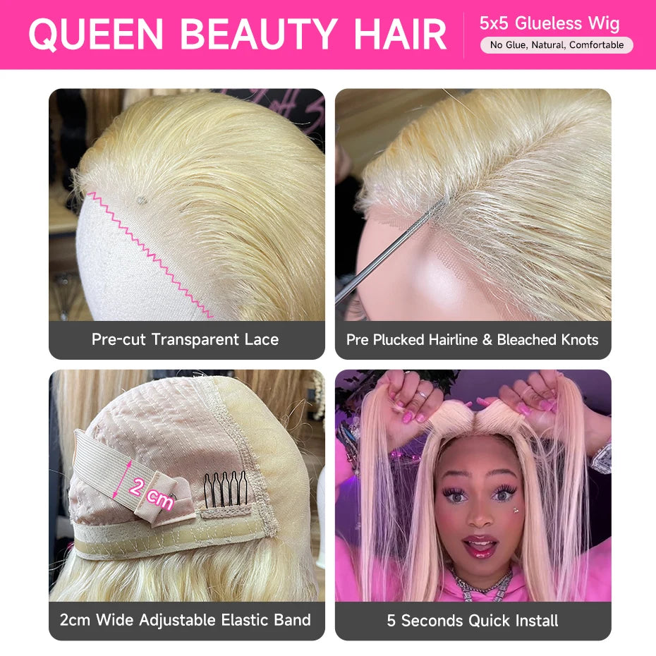 Remy Straight Blonde - Glueless Pre Plucked Lace Human Hair Ready to Go Wig
