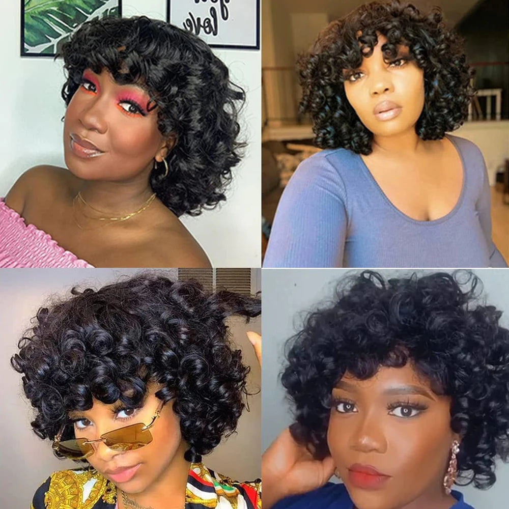 Afro Rose Curly Human Hair Wig with Bangs