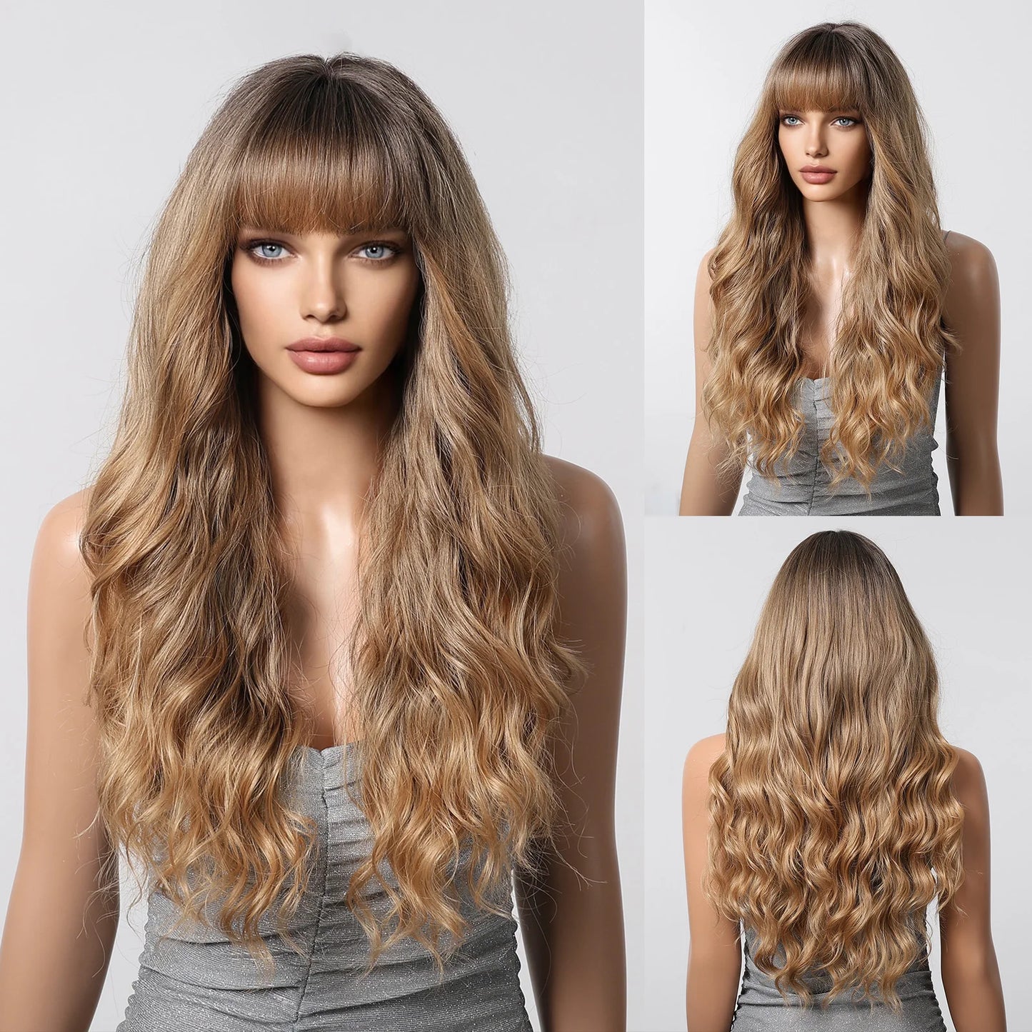 Long Wavy Synthetic Hair Wigs with Bangs - Various Colors Available