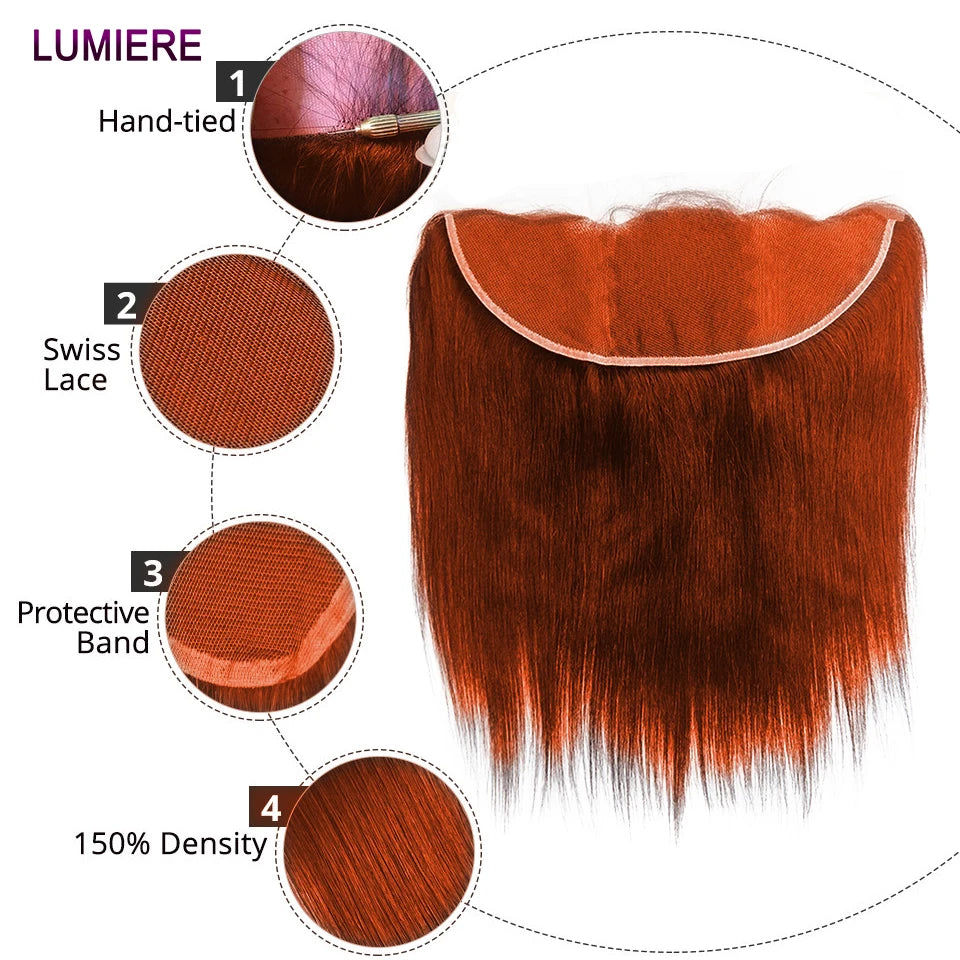 Ginger Orange Brazilian Bone Straight HD Transparent Lace Frontal or Closures 100% Human Hair