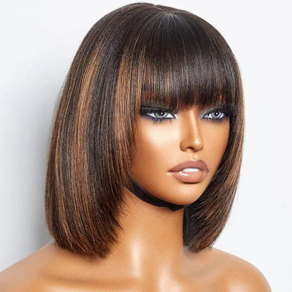 Short Straight Bob Lace Front Glueless Human Hair Wig With Bangs - Various Colors