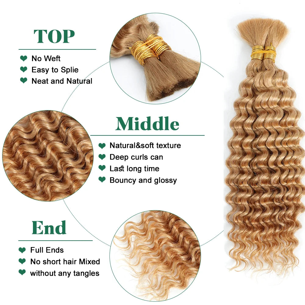 Deep Wave Unprocessed Human Hair for Braiding With No Weft (Boho Braiding) Various Colors & Lengths Available