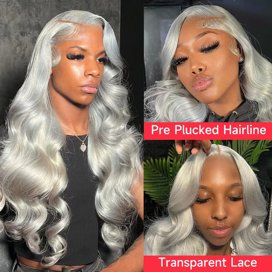 Silver Grey Brazilian Bone Straight or Body Wave - Pre Plucked Lace Front Human Hair Wig