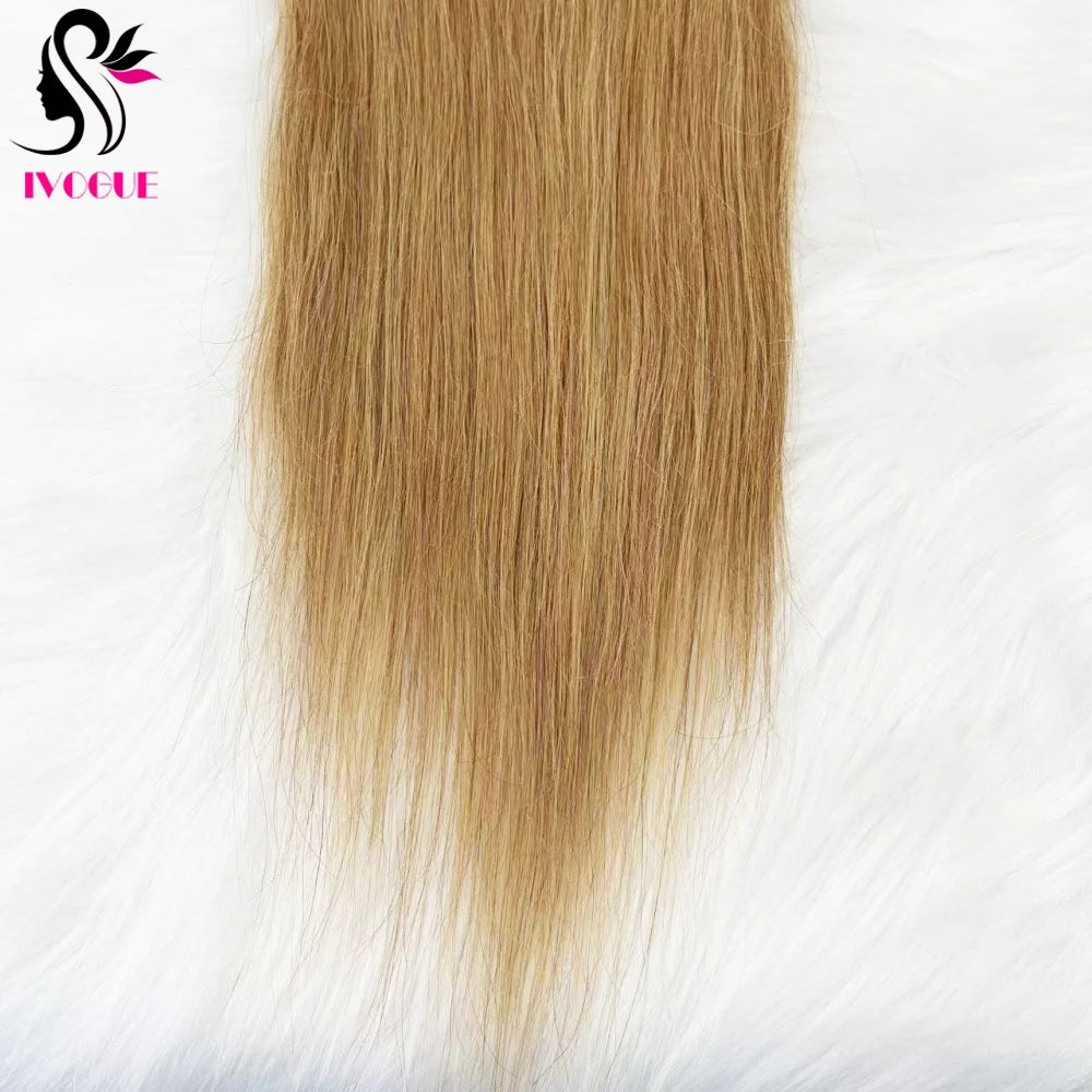 Golden Blonde #27 Human Hair Skin Base Silicone Silk Top Lace Closure Pre Plucked with Baby Hair & Free Part