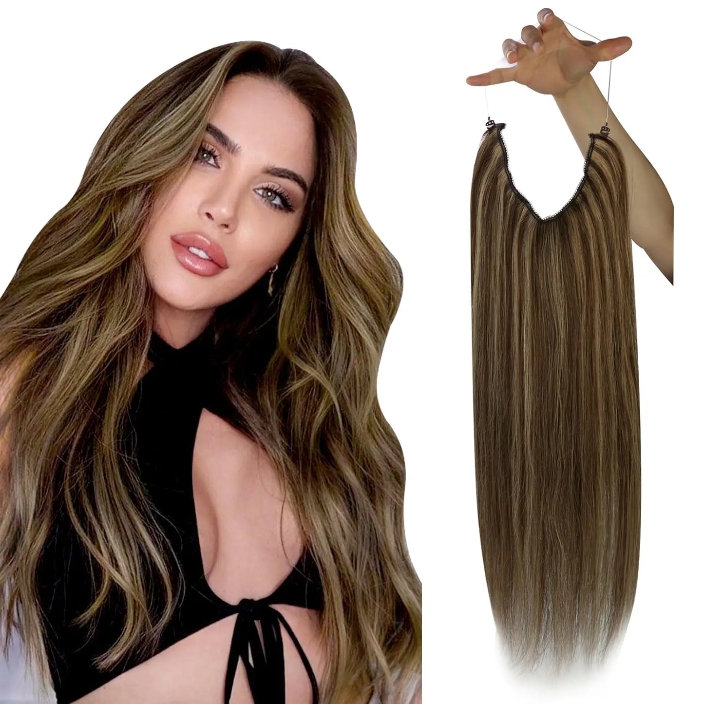 Fish Line Human Hair Extension - One Piece Invisible Wire Hair Weft with 2 Clips
