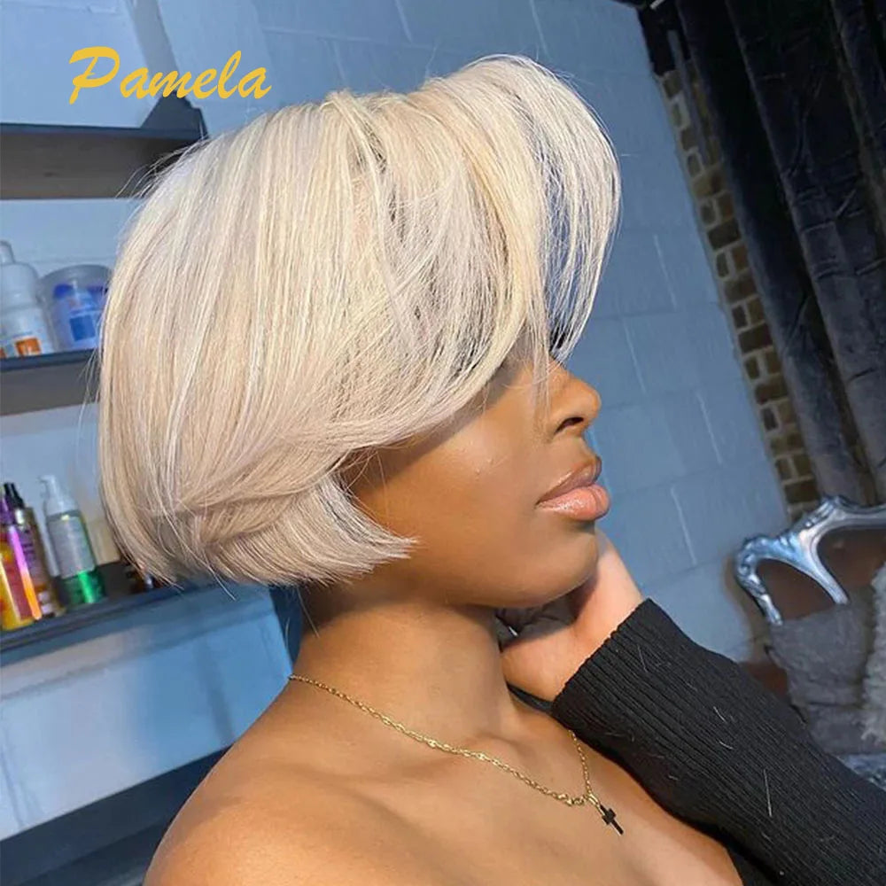 613 Blonde Pixie Cut Straight Short Bob HD Transparent Lace Front Human Hair Wig