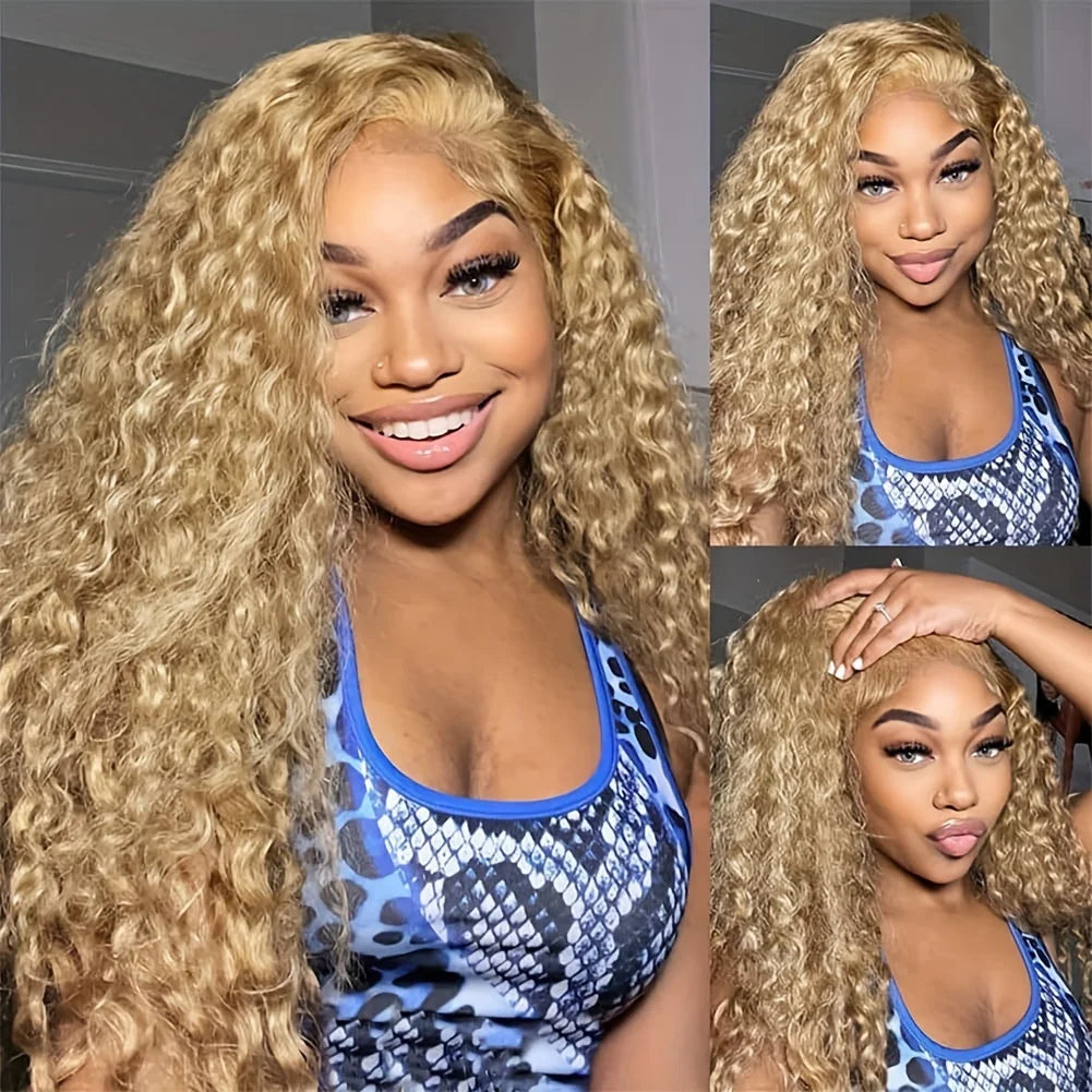 Curly Wave Honey Blonde Human Hair Lace Frontal Wig