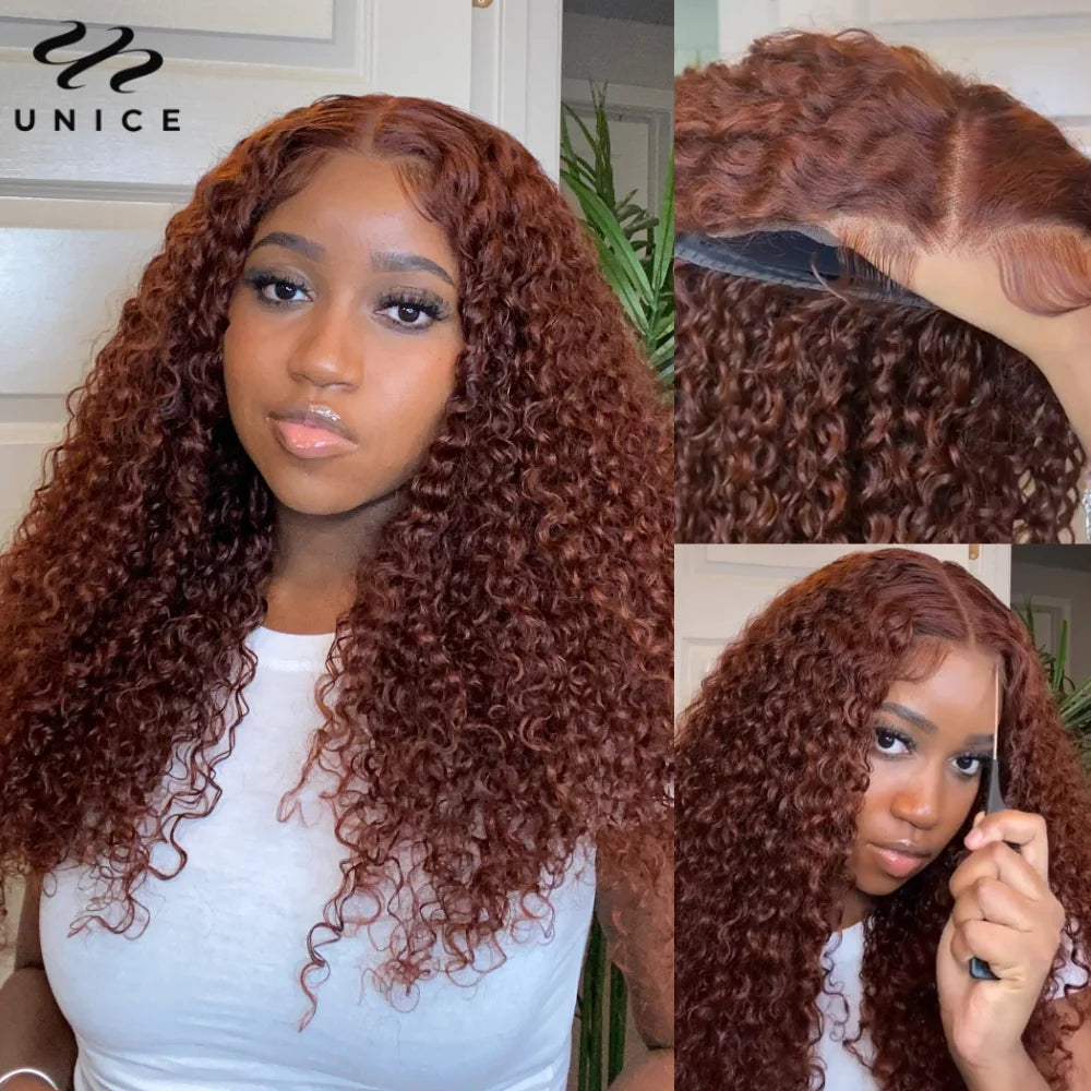 Bye-Bye Knots Reddish Brown Curly Human Hair - Glueless Pre Cut Pre Bleached Lace Front Wig