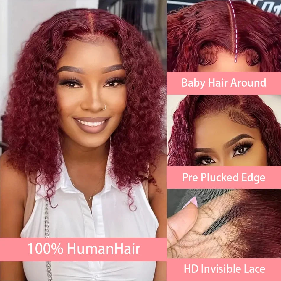 99J Burgundy Short Deep Water Wave Bob 13x4 Lace Front Human Hair Wig