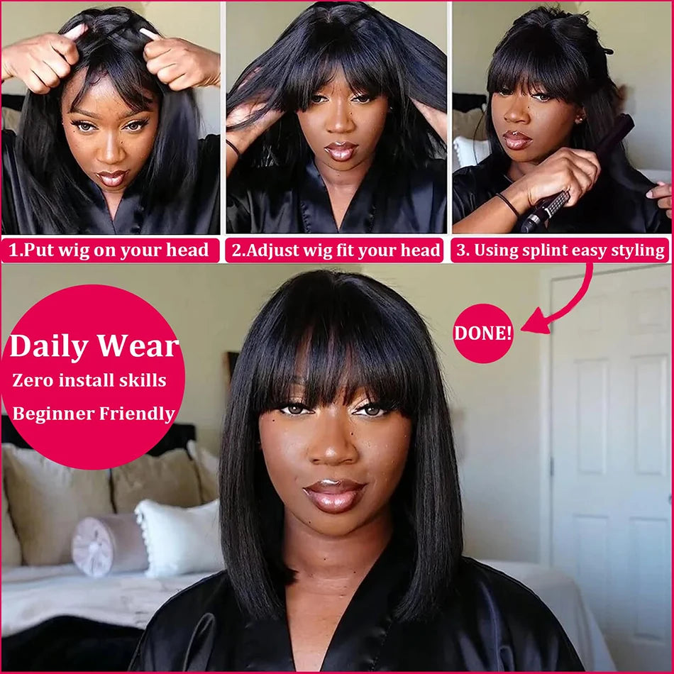 Wiggogo Bone Straight Bob With Bangs - Middle Part Lace Human Hair Wig