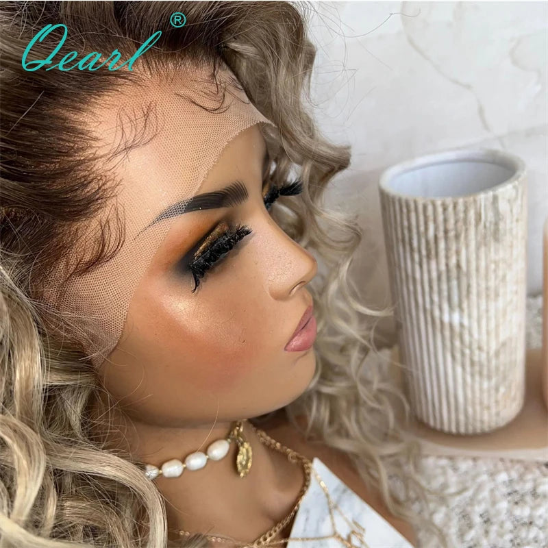 Loose Curly Pre Plucked HD Lace Front Free Parting Ombre Ash Blonde Brown Highlights Wig