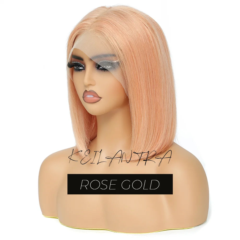 Rose Pink Short Straight Bob Pre Plucked HD Transparent Lace Front Human Hair Wig