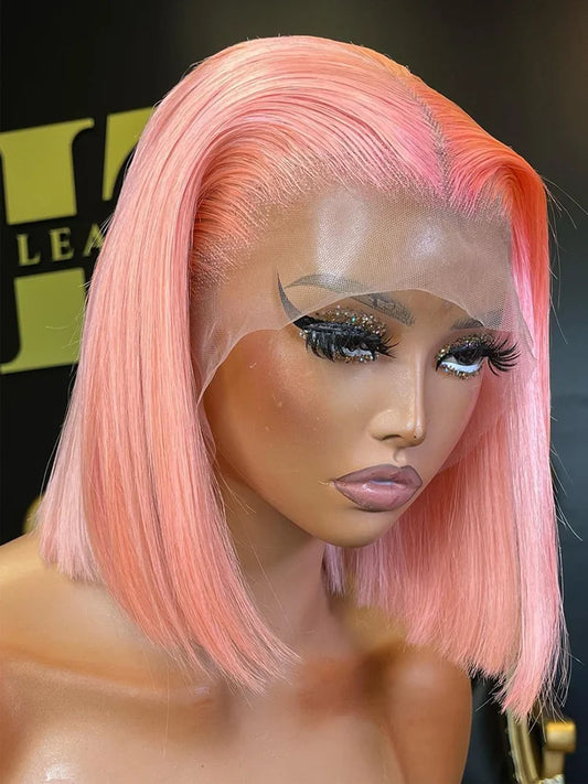 Rose Pink Short Straight Bob Pre Plucked HD Transparent Lace Front Human Hair Wig