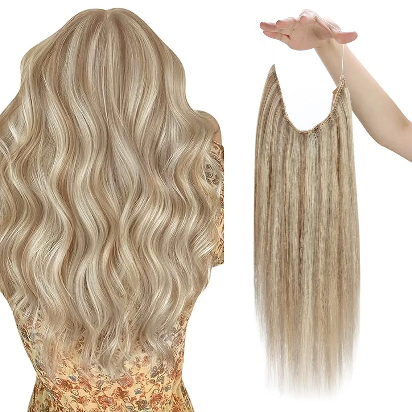 Fish Line Human Hair Extension - One Piece Invisible Wire Hair Weft with 2 Clips