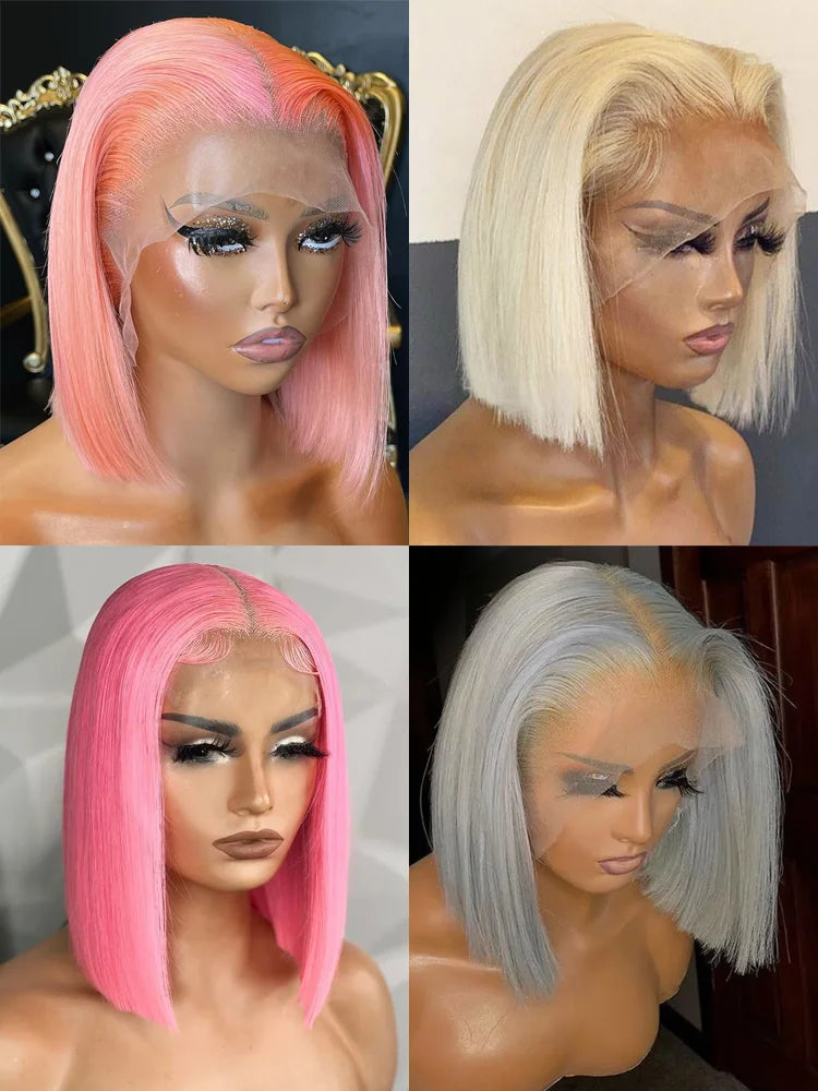 Rose Pink Short Straight Bob Pre Plucked HD Transparent Lace Front Human Hair Wig