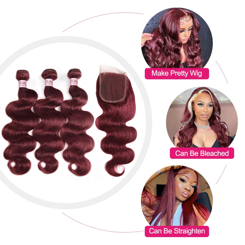 Body Wave Human Hair Bundles With Closure - Burgundy Color in Various Lengths
