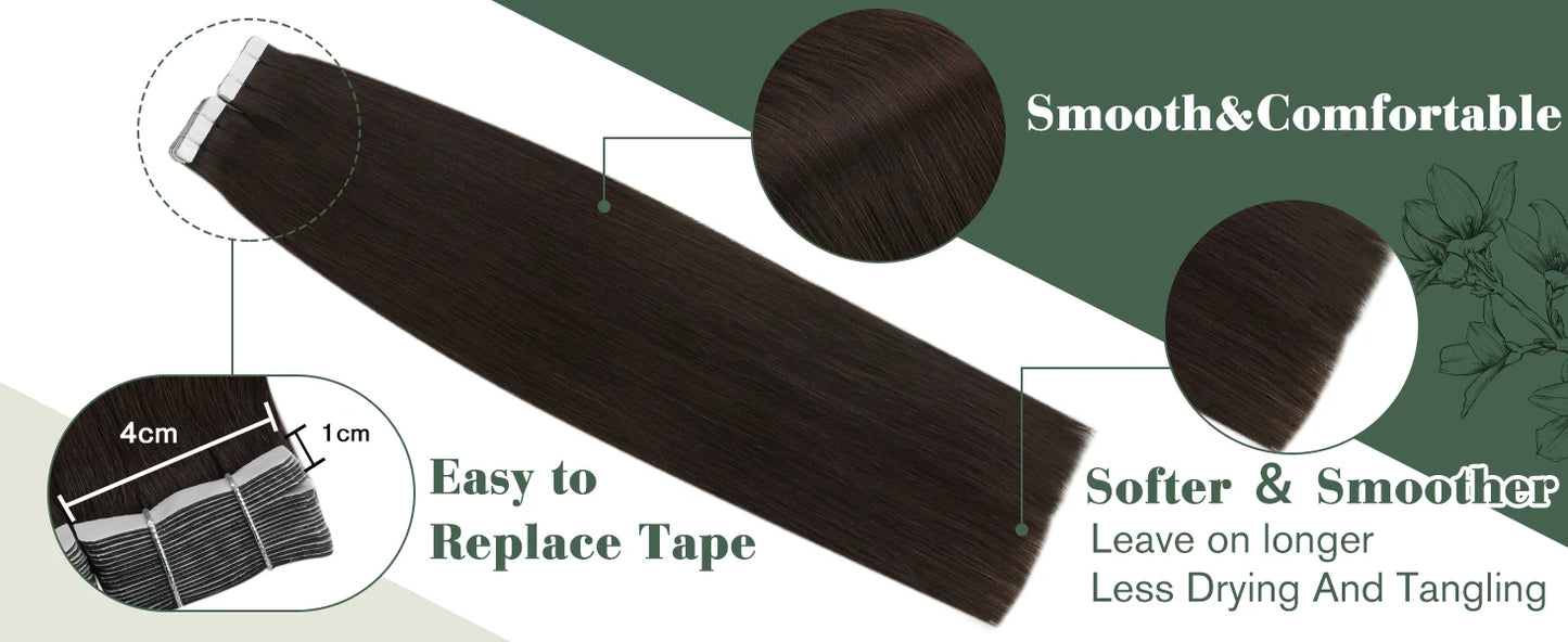 Jet Black Straight Human Hair Tape - In Extensions - Seamless Invisible