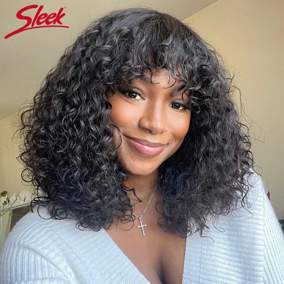 Curly Wave Short Pixie Bob Cut With Bangs Human Hair Glueless Wigs -Various Colors Available