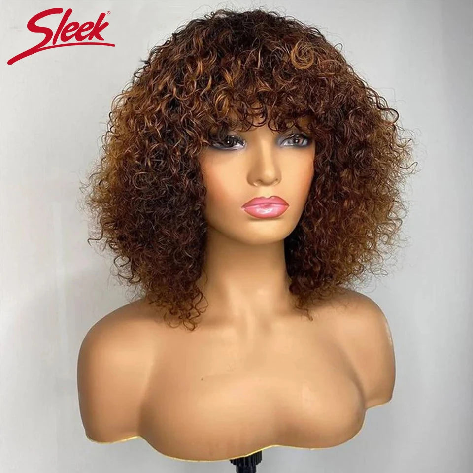 Curly Wave Short Pixie Bob Cut With Bangs Human Hair Glueless Wigs -Various Colors Available