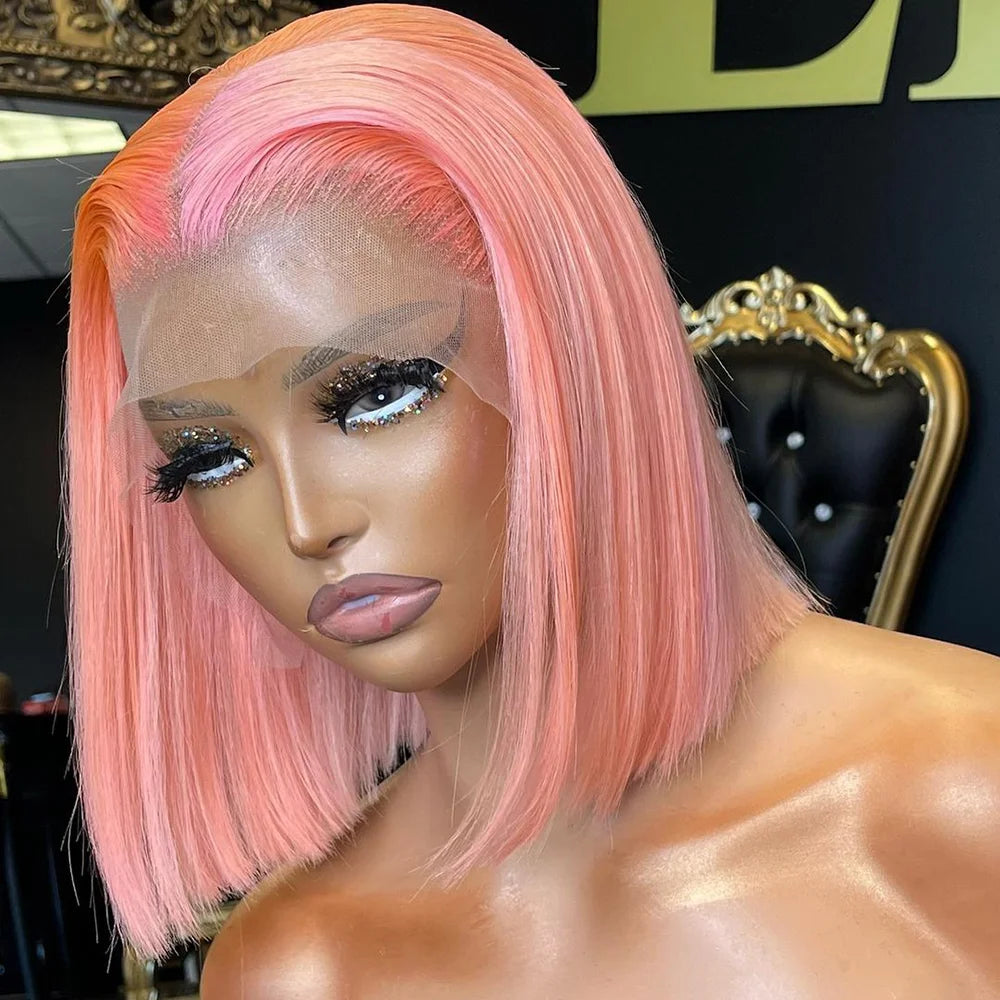 Rose Pink Short Straight Bob Pre Plucked HD Transparent Lace Front Human Hair Wig