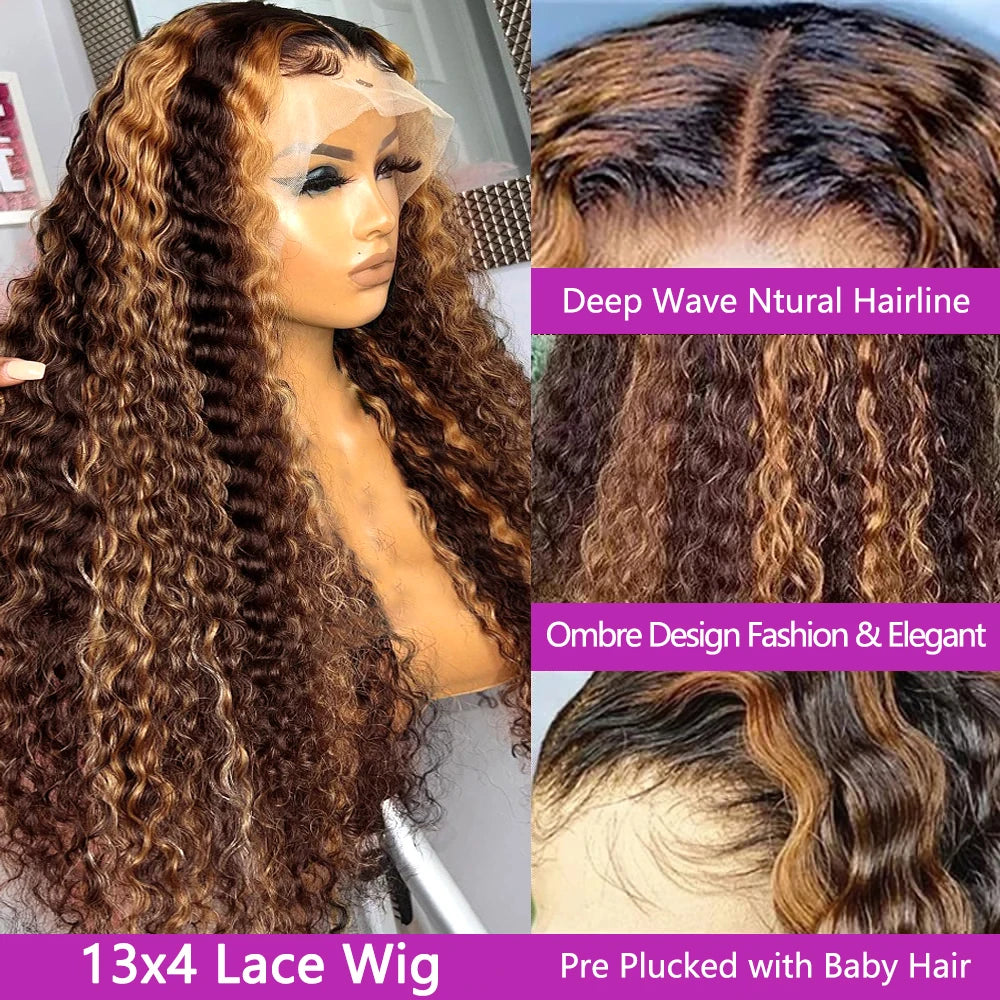 Deep Wave Curly Highlight Honey Brown Lace Front - Human Hair Wigs